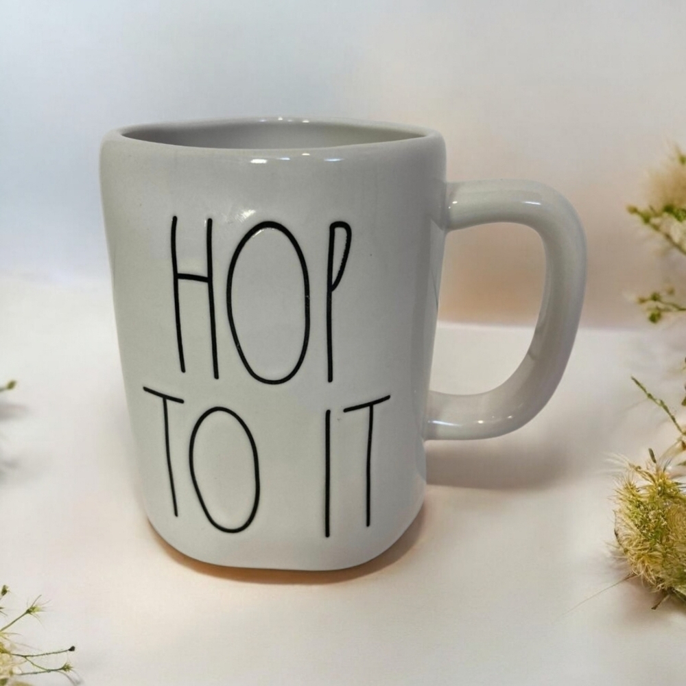 New  Rae Dunn Ceramic White Mug HOP TO IT  Easter Bunny Spring